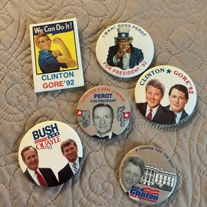 SIX Vintage Political Campaign Buttons Pins Ross Perot Quayle Bush Clinton